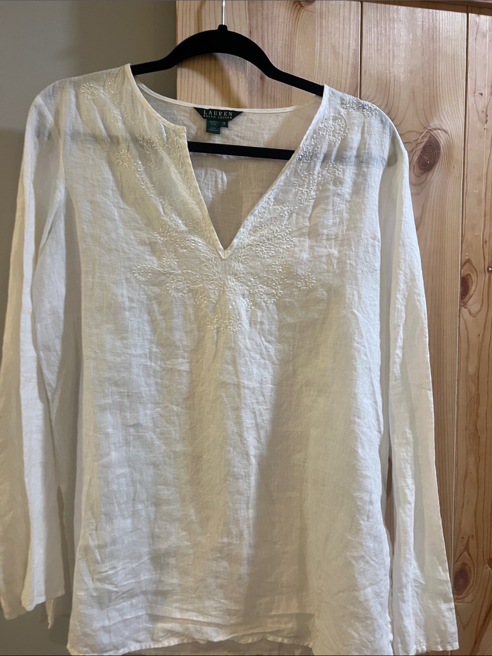 Ralph Lauren White Linen V-Neck Tunic with Embroidered Detail size large